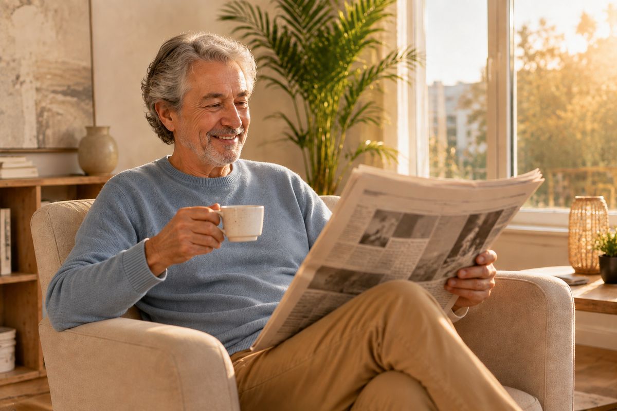 Hombre mayor leyendo el periódico con un café, relajado en su salón