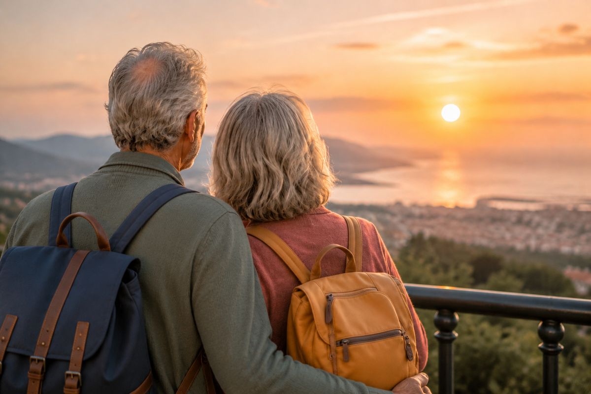 Pareja mayor con mochilas contemplando la puesta de sol en un mirador